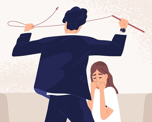 Unhappy woman suffer from psychological pressure and bad attitude of aggressive man. Domestic violence or abuse of authority concept. Home tyrant threatening his victim. Flat vector illustration.
