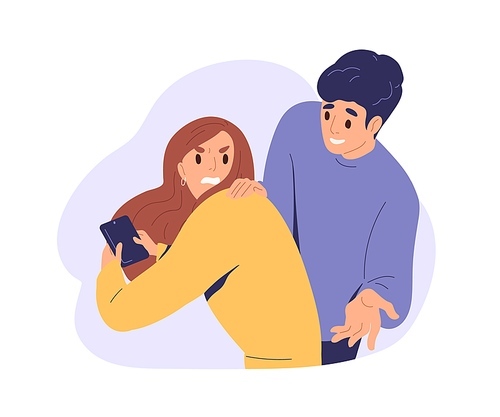 Angry jealous woman spying with her husband's phone, unfaithful man liar cheating. Jealousy and distrust in romantic couple relationship concept. Flat vector illustration isolated on white background.