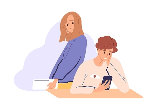 Sad jealous woman suffer from unrequited love, looking at man's phone and spying while her beloved with smartphone messaging online and cheating. Flat vector illustration isolated on white background.