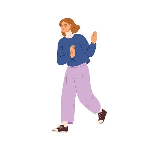 Woman rejecting, refusing, gesturing stop with hand palms, going away. Girl saying no, denying, showing disagreement, refusal, rejection. Flat graphic vector illustration isolated on white background.