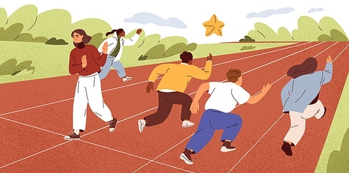 Weak person refusing to compete with other people from start, quitting life competition, surrendering at beginning of her way to success. Concept of giving up career race. Flat vector illustration.