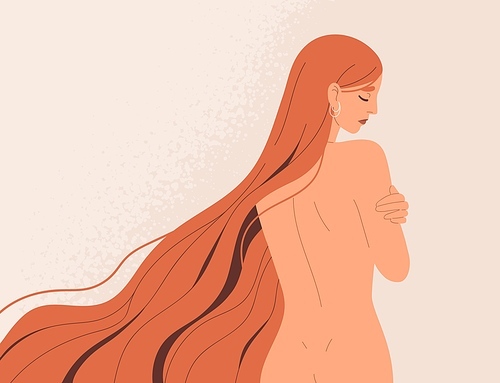 Sensitive nude woman with sad face expression embracing herself. Unhappy upset female with delicate naked slim body feeling ashamed. Concept of innocence and self-acceptance. Flat vector illustration.
