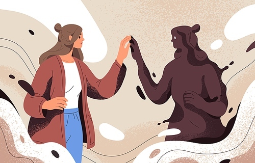 Psychology concept of finding and meeting shadow personality, unconscious side of self. Person discovering unknown hidden dark part of herself. Woman accepting her archetype. Flat vector illustration.