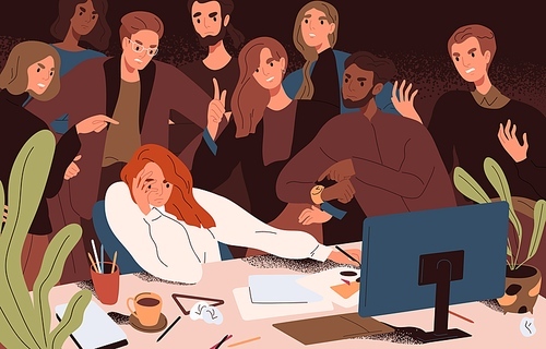 Stressed woman failed to meet deadline. Angry colleagues standing over creative worker pressuring and criticizing, complicating work with restrictions and conflicting tasks. Flat vector illustration.