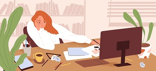 Tired employee at computer desk at work. Exhausted creative office worker at workplace. Bored, overworked and unmotivated woman in depression. Burnout and exhaustion concept. Flat vector illustration.