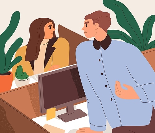Bad tensed work communication between colleagues. Misunderstanding, tension, mute conflict, negative office environment concept. Difficult toxic employees in trouble, stress. Flat vector illustration.