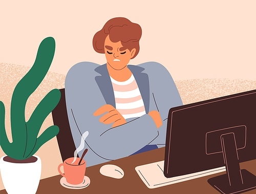 Discontent gloomy employee at workplace. Frowned negative office worker in bad mood. Unsmiling offended displeased disappointed person sabotaging, feeling work aversion. Flat vector illustration.