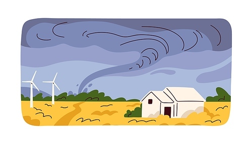 Tornado swirl, twister, vortex over land. Nature landscape, wind weather with damaging hurricane twirl. Typhoon whirlwind at countryside. Calamity, natural cataclysm. Flat vector illustration.