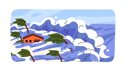 Flood, tsunami landscape. Natural disaster, catastrophe with water waves overflowing. Nature collapse, cataclysm, destruction, devastation of house, property, trees. Flat vector illustration.