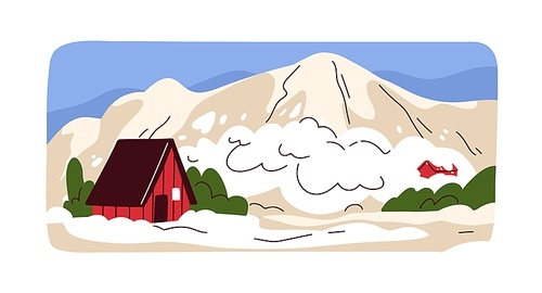 Snow avalanche from mountain in winter. Natural disaster, cold nature landscape. Snowslide cataclysm, dangerous calamity, devastation, destruction at wintertime. Flat vector illustration.