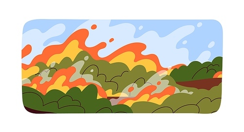 Wild fire in nature. Natural disaster, wildfire and devastation. Burning plants, grass, bushes in blaze, flame. Destroying cataclysm, catastrophe in hot weather, landscape. Flat vector illustration.