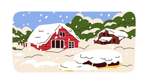 Snowfall, heavy snowy precipitation. Winter landscape in cold weather, houses and cars covered under snow. Wintertime calamity, snowdrifts, snowflakes. Natural disaster. Flat vector illustration.