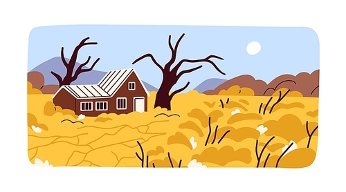 Drought, heat, summer landscape. Hot weather, dry plants, dead trees on farm field, deserted agriculture farmland. Natural disaster, ecology crisis, waterless scenery. Flat vector illustration.