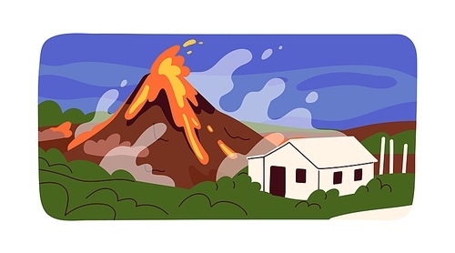 Volcano eruption, natural disaster landscape. Erupting lava, hot magma, volcanic ash from mountain crater, exploding mount. Environment geologic cataclysm, catastrophe. Flat vector illustration.
