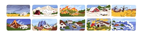 Natural disasters set. Catastrophes, emergency in nature. Destruction scenes of tornado, flood, volcano eruption, forest fire, drought, blizzard, snowfall and earthquake. Flat vector illustrations.
