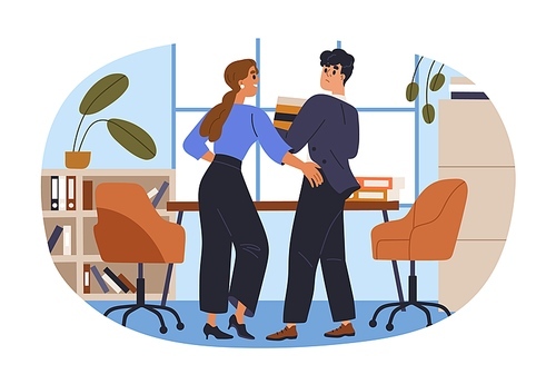 Workplace harassment, sexual abuse, violence in office concept. Woman employee harassing man colleague, bullying with offensive sex jokes at work. Flat vector illustration isolated on white background.