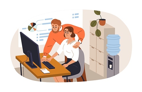 Sexual harassment, work abuse, sex discrimination, assault concept. Man boss harassing, hugging woman employee, office worker at workplace. Flat vector illustration isolated on white background.