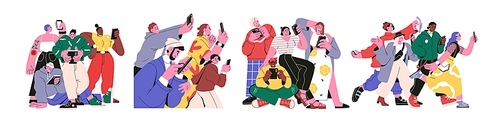 Online users community, digital communication concept. People using mobile phones, internet, social network. Characters addicted to smartphones. Flat vector illustrations isolated on white background.