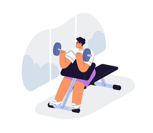 Bicep curls with barbell. Strong man doing strength exercise, training with weights. Person lifting bar during arm workout in sport gym. Flat vector illustration isolated on white background.