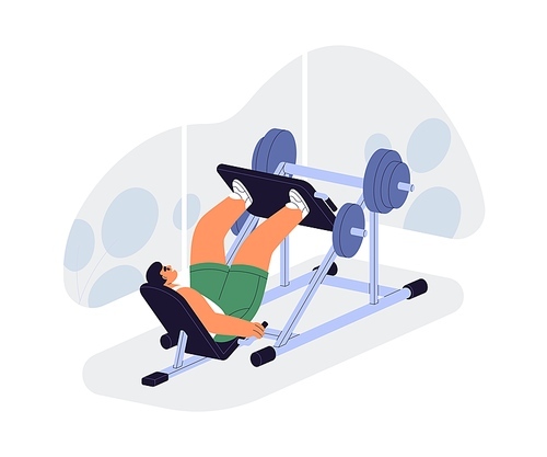 Man exercising with leg press machine, lifting platform with weight. Person training muscles in gym, doing body strength workout with equipment. Flat vector illustration isolated on white background.