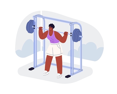 Person doing Smith machine squat with weights on bar, lifting barbell. Strong woman training during sport workout, exercising with gym equipment. Flat vector illustration isolated on white background.