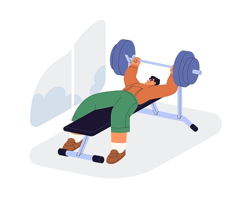 Man doing barbell bench press in gym. Strong person exercising, training with weights. Arms and shoulders muscles workout, bodybuilding. Flat vector illustration isolated on white background.