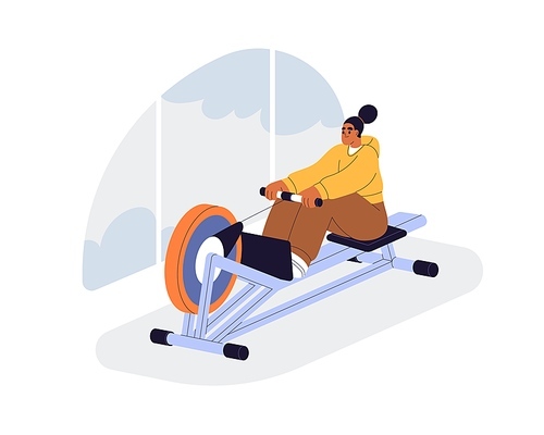 Training on rowing machine. Woman doing rower exercise for back, core muscles strength. Girl working out in gym. Muscular and cardio workout. Flat vector illustration isolated on white background.