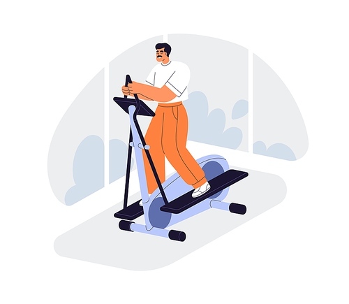 Man exercising on elliptical machine. Healthy active person training endurance, running on cross-trainer. Cardio workout with sport equipment. Flat vector illustration isolated on white background.