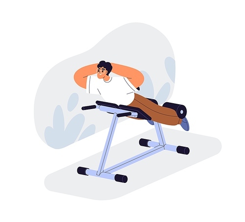 Man doing back extension on hyperextension bench in gym. Happy person training power, strength, exercising on Roman chair, workout machine. Flat vector illustration isolated on white background.