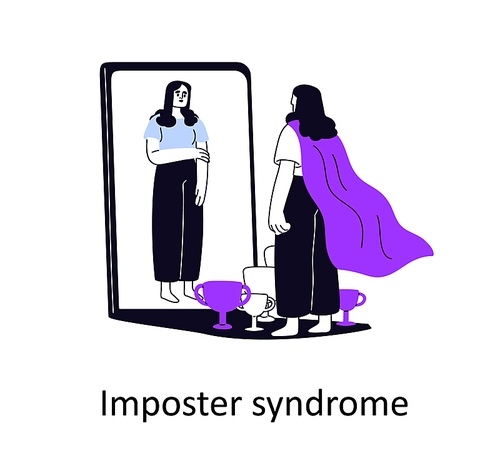 Imposter syndrome, psychology concept. Mental psychological problem. Doubt, low self-esteem. Person doubtful in skills, talents. Flat graphic vector illustration isolated on white background.