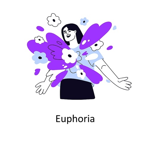 Euphoria, pleasure, excitement emotions. Happy excited girl feeling happiness, bliss, wellbeing. Joyful cheerful woman in positive mood. Flat graphic vector illustration isolated on white background.