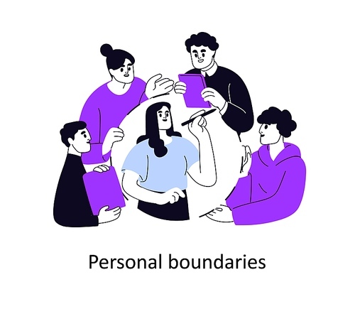 Personal boundaries, psychology concept. Setting barriers, protecting private space, limits in communication with intrusive people. Flat graphic vector illustration isolated on white background.