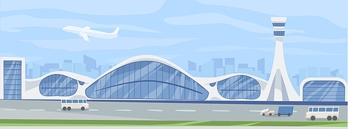 Horizontal landscape with modern airport building, transfer buses, special transport and taking off airplane in sky. Colored flat cartoon vector illustration of air station, runway and plane.