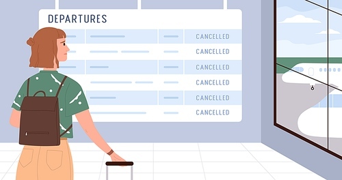 Airport departures board with all plane flights cancelled. Unlucky passenger looking at airplanes schedule. Tourist and display with bad time table. Timetable at terminal. Flat vector illustration.