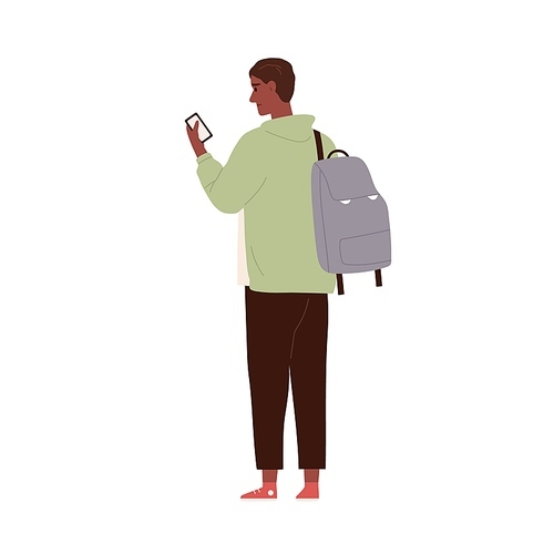 Worried tourist standing with mobile phone. Person passenger with backpack looking at smartphone screen. Lost puzzled man has problem. Flat graphic vector illustration isolated on white background.