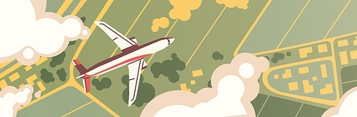 Airplane flight top view. Panoramic landscape with fields, meadows and plane flying in clouds. Birds eye view scenery. Colorful horizontal banner. Vector illustration in flat cartoon style.