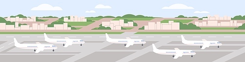 Airplanes stand in airport. Parked air planes at paved handstand. Aerodrome parking with passenger aircrafts, panoramic landscape. Airliners on runway, panorama. Flat vector illustration.