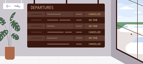 Departure board in airport with flights cancelled and on schedule. Airplane timetable displaying times and abstract destinations. The scoreboard in terminal with information. Flat vector illustration.