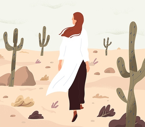 Person feeling lost and alone, wandering in desert. Concept of even boring monotonous life. Woman walking her path in loneliness. Colored flat vector illustration of finding and exploring yourself.