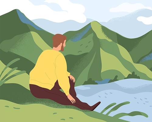 Man resting in nature alone. Thoughtful person sitting on river bank, looking at water and thinking about life in loneliness and calmness. Colored flat vector illustration of guy relaxing in solitude.