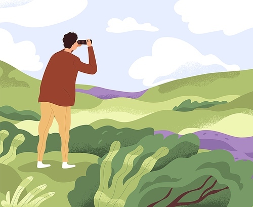 Man with binoculars looking forward in future. Concept of discovering new horizons, finding solutions, searching and exploring opportunities. Colored flat vector illustration of explorer in nature.