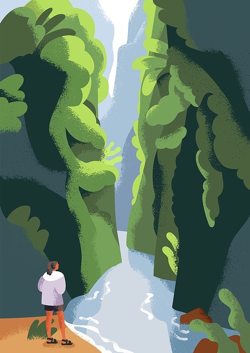Peaceful nature landscape card. Person travels, looking at secluded mountain river in canyon, water among rocks. Woman enjoying serene calm scenery, tranquility and harmony. Flat vector illustration.