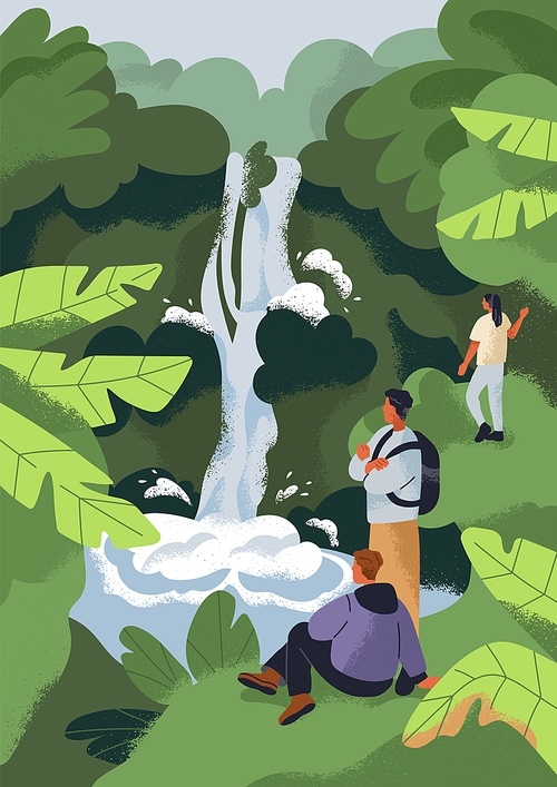 Landscape card with friends at waterfall. People hiking in nature. Holiday adventure, travel. Hikers exploring calm peaceful serene summer forest with green plants, water. Flat vector illustration.