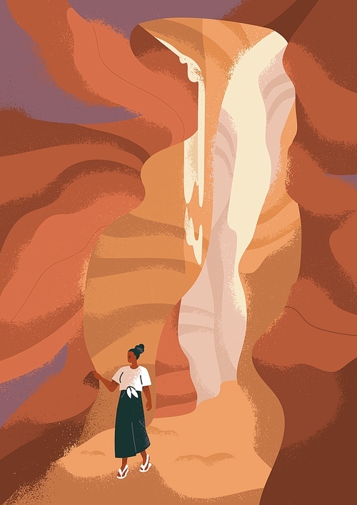 Person exploring canyon cave. Landscape card. Woman traveler walking, enjoying nature, secluded serene place of power. Adventure, travel, journey in harmony and peace. Flat vector illustration.