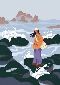 Landscape, adventure card. Calm lonely person standing on rocks in sea, wind. Girl travels in nature. Serenity, tranquility, freedom, melancholy vibe, serene mood concept. Flat vector illustration.