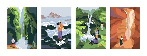 People travel in nature. Vertical landscape cards set. Holiday adventure in caves, canyon, hiking to waterfall, sea and rocks, enjoying peaceful calm tranquil sceneries. Flat vector illustrations.