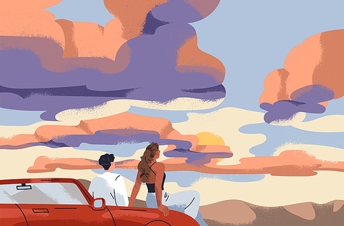 Couple watching sunset on evening sky with clouds. Man and woman tourists travel by car, stop to sit on bumper and look at sun set. Road adventure on summer holiday. Flat vector illustration.