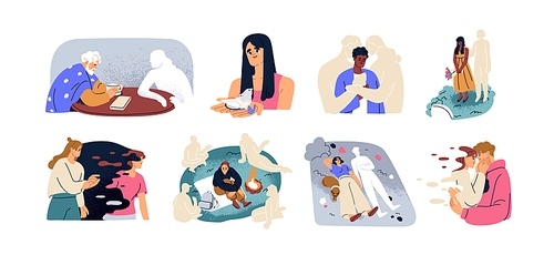 Human loss and death, people memory concept. Breakup, end of relationship. Characters losing friends, parents, missing gone partners. Flat graphic vector illustrations isolated on white background.