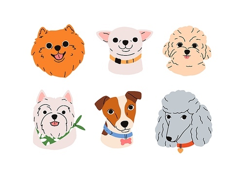 Cute dogs faces set. Funny puppies head portraits, avatars. Adorable doggies snouts of different canine breeds, Jack Russell, spitz. Flat graphic vector illustrations isolated on white background.