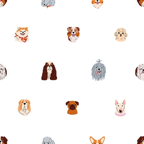 Cute dogs faces, seamless pattern. Funny puppies heads, endless background. Canine repeating print, adorable animals breeds, doggies muzzles, pups snouts. Flat vector illustration for fabric, wrapping.